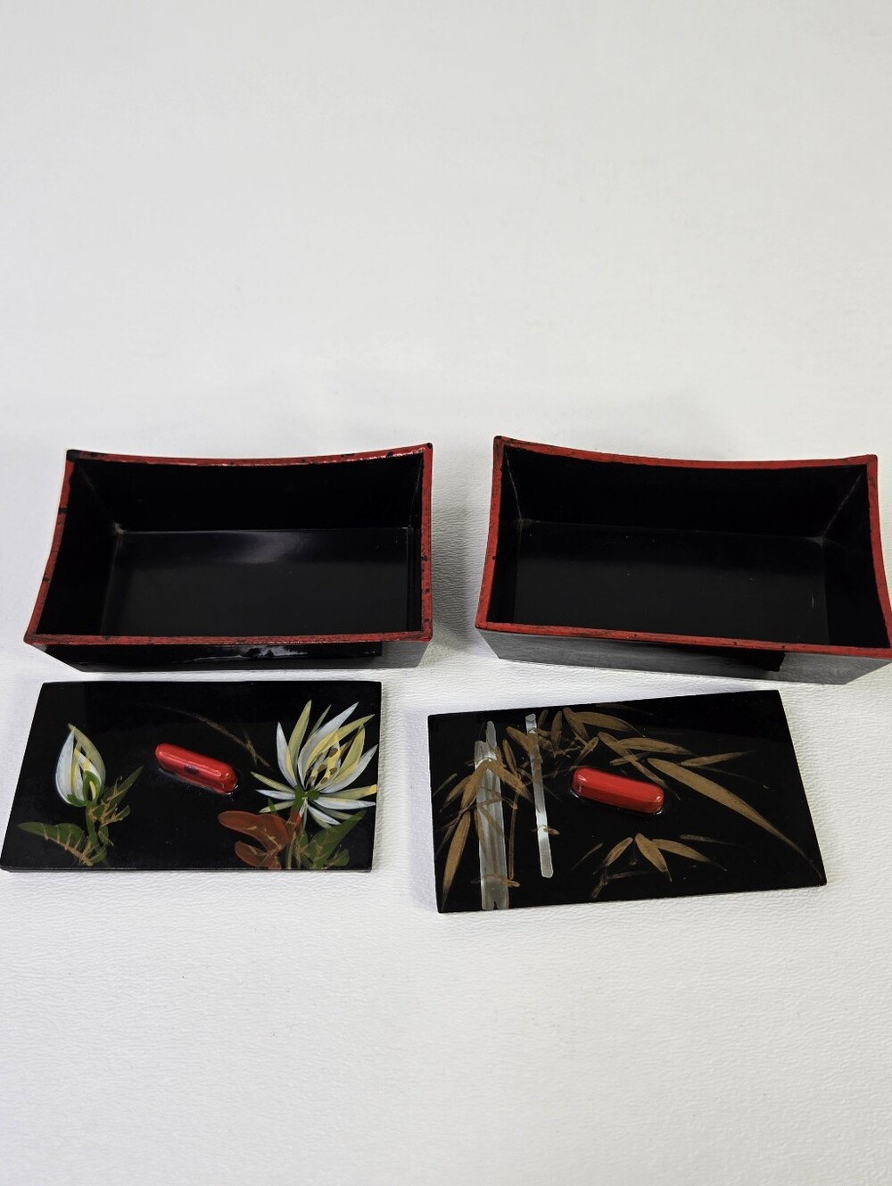Vtg Japanese Lacquerware Box Set Urushi Maki-e Floral Bamboo Black Red Hand Pain
